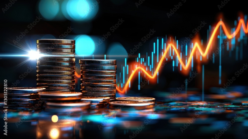 Poster a close-up view of stacked coins with a rising graph line in the background, symbolizing financial g
