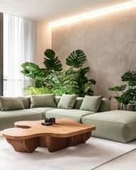 Modern jungle living room, oversized sage green boucle sectional, sculptural wooden coffee table, lush indoor plants surrounding the space, soft indirect