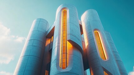 Futuristic concrete towers against a clear sky