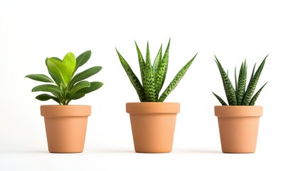 Obraz premium Three Green Succulents In Terracotta Pots On White Backgrounds