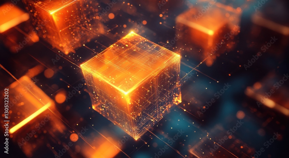 Aufkleber abstract glowing cubes with dynamic light effects floating in a futuristic space, showcasing technol