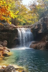 Serene Waterfall Surrounded by Autumn Foliage in a Tranquil Forest Setting with Glimmering Blue Pool and Vibrant Colorful Leaves