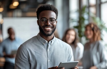 Happy African American business man using a tablet in the office with colleagues