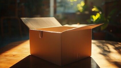 Open Cardboard Box on Wooden Table, Sunny Room