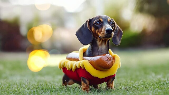 A playful dachshund wearing a hot dog costume stands on lush green grass, looking curiously ahead
