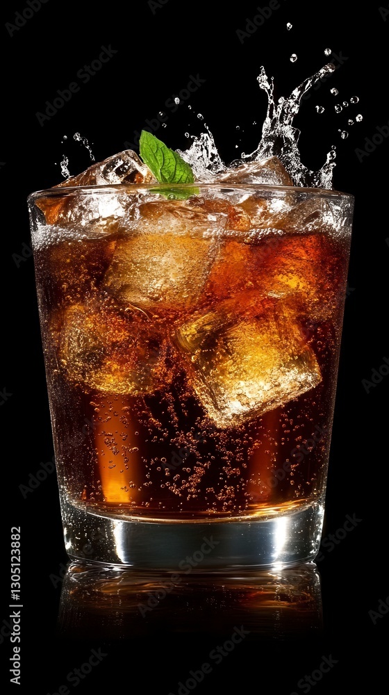 Poster refreshing brown beverage with ice cubes and a mint sprig in a rocks glass against a black backgroun