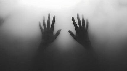 Two hands reaching through dense, white fog, obscuring the surroundings in a monochromatic view