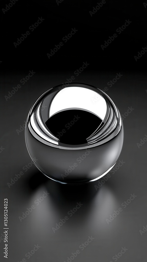 Poster close up of a chrome sphere reflecting light, creating highlights and shadows. the sphere rests on a