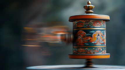 A hand-painted Tibetan prayer wheel spinning with motion blur