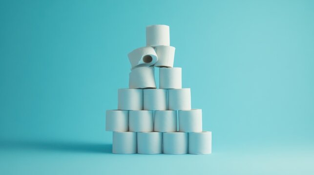 Tower of Toilet Paper on Blue Background