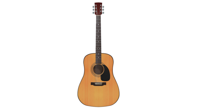 A classic acoustic guitar with a wooden body and a black pickguard, designed for music creation and performance.