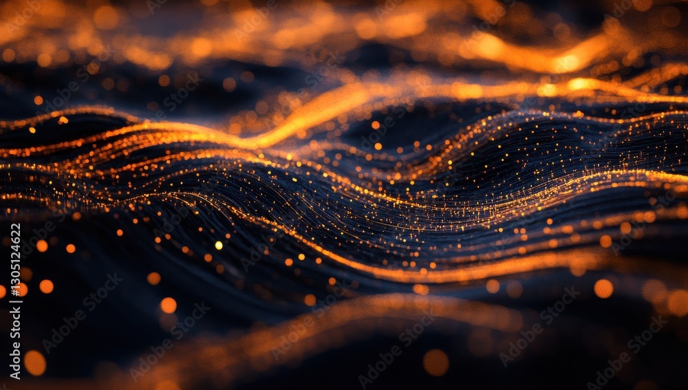Poster abstract glowing waves of golden light gently undulating across the dark background, creating an enc