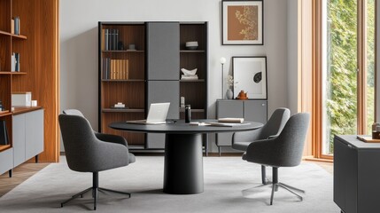 Fototapeta premium Modern office meeting room with round table and chairs. Use for furniture catalog