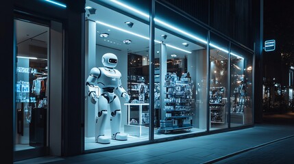 Futuristic Robot Mannequin in Modern Store Window at Night