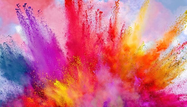 vibrant explosion of colorful powder in motion with vivid red, purple, yellow, and orange hues on a soft pastel background

