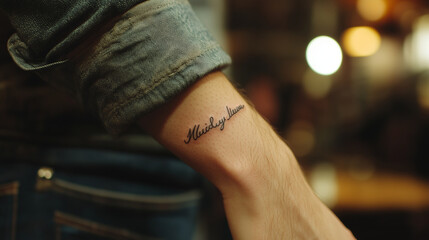 A close-up of a mantra tattoo inked in elegant script on a person&acirc;s wrist