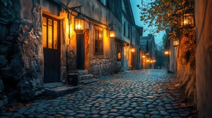 Fototapeta premium Serene Cobblestone Street at Dusk with Vintage Lanterns and Historic Architecture
