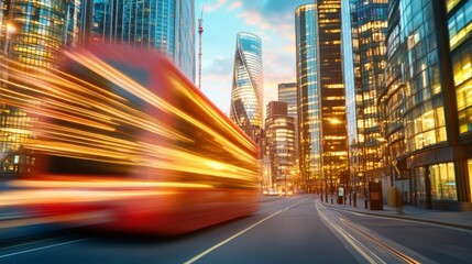 Obraz premium Blurred motion of a red double decker bus speeding down a city street at twilight, surrounded by tall modern buildings with illuminated windows.