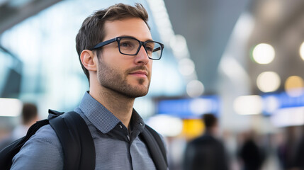Obraz premium Confident Young Businessman in Airport - Upper Body Portrait with Natural Side Lighting and Soft-Focus Terminal Background