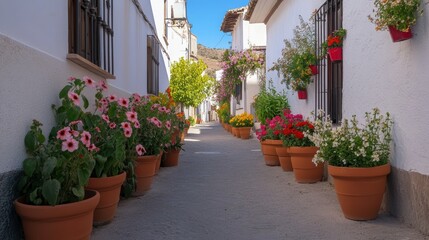 Fototapeta premium Colorful Flower Pots Line Charming Narrow Street in Quaint Whitewashed Village