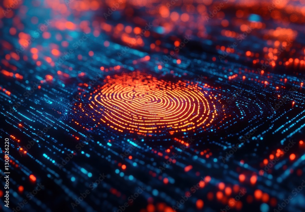 Poster abstract illustration of a digital fingerprint with glowing dots representing data and technology, v