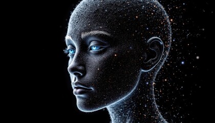 A digital representation of a human head created with a collection of particles