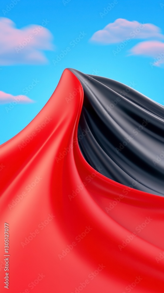 Poster abstract image of red and black fabric flowing against a blue sky with clouds. the fabric drapes and