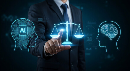 Businessman Interacting with Digital Scales of Justice and AI Brain Concepts