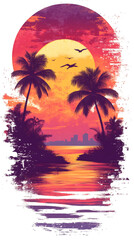 Tropical sunset glowing over ocean, palm tree silhouettes, seabirds soaring, transparent backdrop highlighting summer vacation landscape design