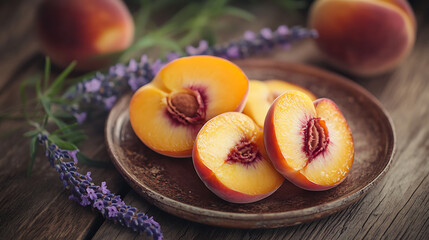 Rustic wooden plate with peaches and lavender on wooden surface, vibrant and natural fruit arrangement