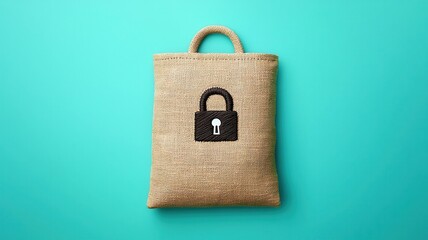 Information security goals. Woven bag with a lock symbol on a vibrant turquoise background.