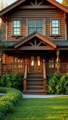 The house features a beautifully crafted wooden staircase leading to a spacious deck