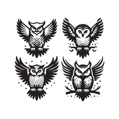 logo icon silhouette vector style Collection of four different painted owl species, eagle owl, barn owl, snowy owl, little owl
