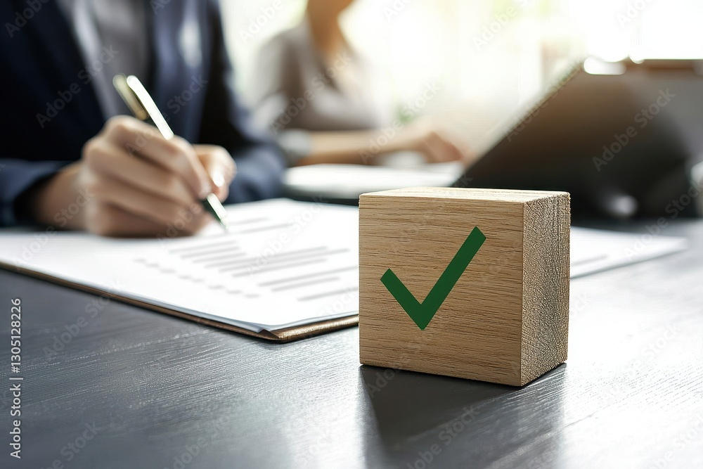 Poster information security goals. business setting with a checklist and a wooden block featuring a green c