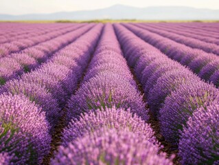 Obraz premium Endless Rows of Lavender Blooms Stretching to Distant Mountains in Provence France Serene Floral Landscape Aroma