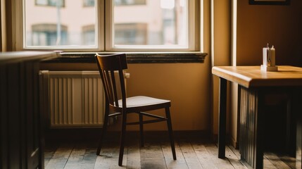 Cozy Indoor Scene with Wooden Chair and Table Near Window in a Warm Light Atmosphere