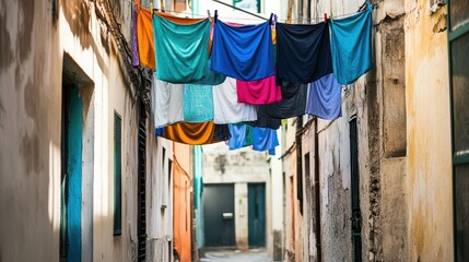 Colorful Laundry Hanging in Narrow Alleyway with Vintage Walls and Sunny Atmosphere