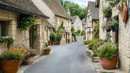 Fototapeta premium Charming Quaint Village Street with Stone Houses and Colorful Flower Pots in France's Countryside