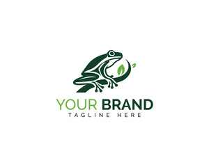 Frog with Leaves Minimal Logo Design Vector Template.