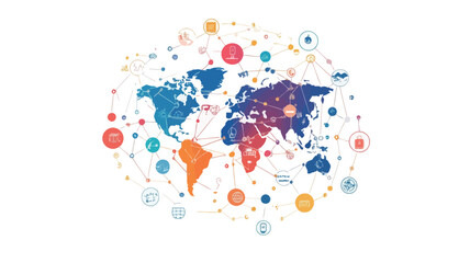 Fototapeta premium An abstract illustration depicting a stylized world map in shades of blue, purple, and orange. The map is surrounded by numerous colorful circles of varying sizes, connected by thin lines