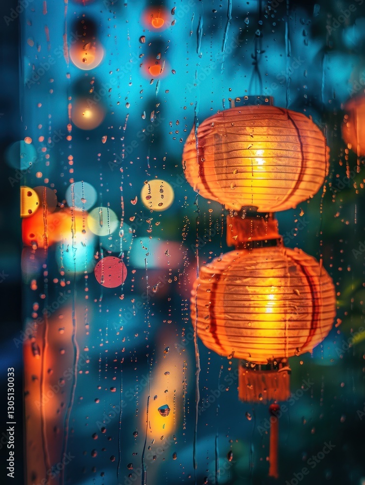 Poster warm lanterns illuminate droplets on a rain-soaked window, creating an inviting atmosphere in the ev