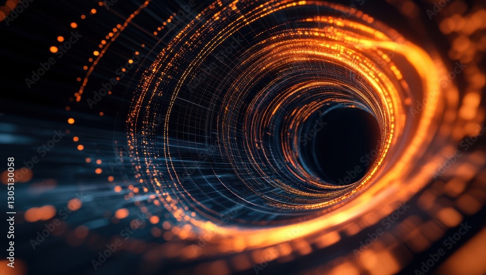 Poster abstract representation of a glowing tunnel with vibrant orange and blue lights creating a sense of 