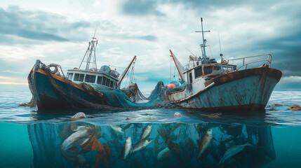 Obraz premium An old fishing boat floating on a polluted ocean, with a fishing net hanging from its side with fish and various pieces of trash. The impact of pollution on marine life 