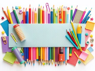 Fototapeta premium Colorful Back to School Banner with Stationery & Decorations - Rule of Thirds Composition