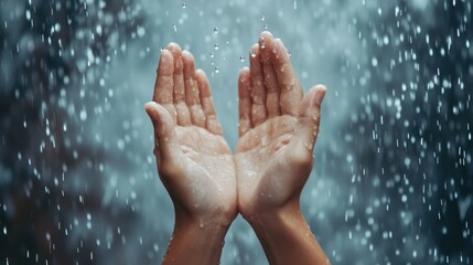 Fototapeta premium Hands Receiving Raindrops in Nature with Soft Focus Effect and Beautiful Water Droplets