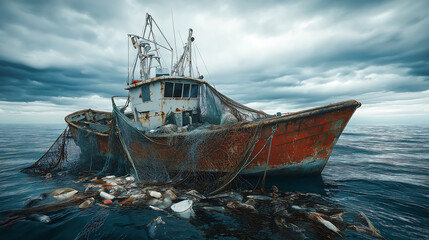 Obraz premium An old fishing boat floating on a polluted ocean, with a fishing net hanging from its side with fish and various pieces of trash. The impact of pollution on marine life 
