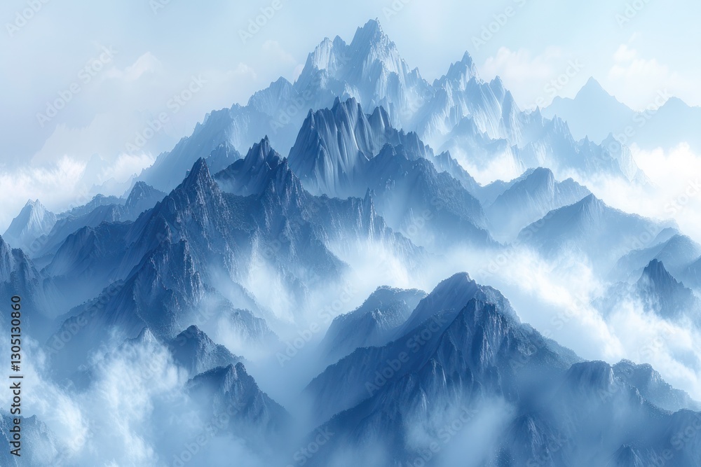 Poster misty mountain range with angular peaks glows softly, creating a serene and surreal landscape