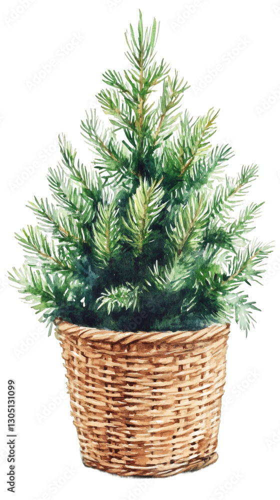 Aufkleber christmas tree sapling nestled in wicker container, watercolor rendering on clear backdrop, festive 
