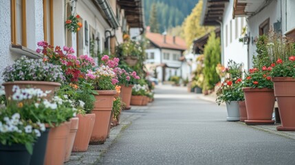 Fototapeta premium Charming Flower-Lined Street in Quaint Village Surrounded by Lush Green Mountains