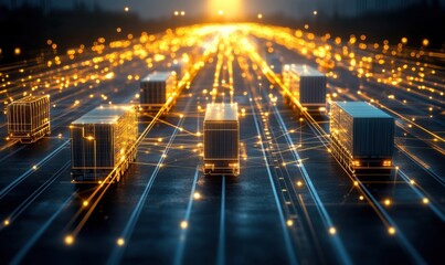 Obraz premium Autonomous trucks on highway at night with network connection